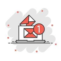 laptop met e-mail icoon in grappig stijl. mail kennisgeving tekenfilm vector illustratie Aan wit geïsoleerd achtergrond. envelop met bericht plons effect bedrijf concept.