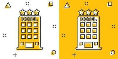 vector tekenfilm hotel icoon in grappig stijl. toren teken illustratie pictogram. hotel appartement bedrijf plons effect concept.