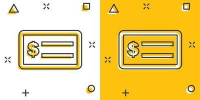 tekenfilm geld controleren icoon in grappig stijl. bank chequeboek illustratie pictogram. chequeboek teken plons bedrijf concept. vector