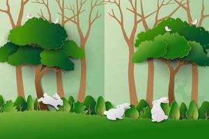 Pasen groet kaart met schattig konijnen familie gelukkig Aan lente vector