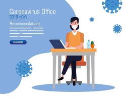 campagne van aanbevelingen van 2019 ncov op kantoor met zakenvrouw en pictogrammen vector