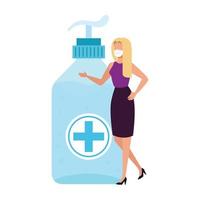 vrouw met antibacteriële fles geïsoleerde pictogram vector