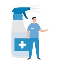 paramedicus met fles spray ontsmettingsmiddel geïsoleerde pictogram vector