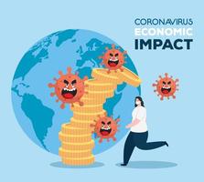 coronavirus 2019 ncov impact wereldeconomie, covid 19 virus make-down economie, wereldeconomische impact covid 19, vrouw met vallende munten vector