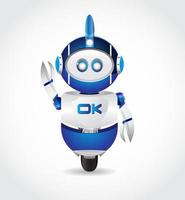 tekenfilm illustratie blauw wit robot golvend hand- en OK teken in borst vector