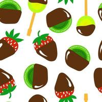 fruit in chocola. aardbei, kiwi fruit, banaan plak in donker chocola. vector naadloos patroon.