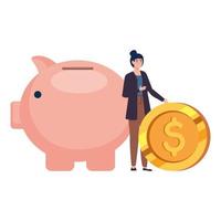 spaarvarken, met vrouw en munt, pictogrambesparing of accumulatie van geld vector
