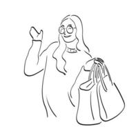 voor de helft lengte van vrouw met bril presenteren Aan blanco ruimte met handtas in haar hand- illustratie vector hand- getrokken geïsoleerd Aan wit achtergrond lijn kunst.