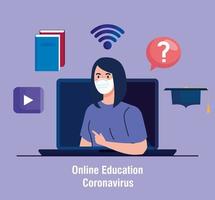 online onderwijsadvies om verspreiding van coronavirus covid-19 te stoppen, online leren, studente met laptop vector