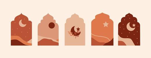 Islamitisch venster berg landschap. modern Arabisch boog oosters stijl, abstract boho minimaal kunst. Ramadan boog met boho stijl. vector