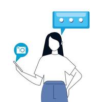 vrouw en smartphone met sociale media pictogrammen, concept online communicatie op witte achtergrond vector