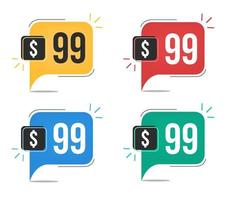 99 dollar prijs. geel, rood, blauw en groen valuta tags met toespraak ballon concept vector. vector