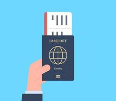 bedrijf hand- Holding paspoort en ticket naar vlak over- controleren in Bij luchthaven concept vlak vector illustratie.