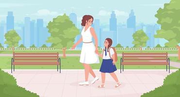 ochtend- wandelen naar school- vlak kleur vector illustratie. familie binding. moeder met dochter in school- uniform. ten volle bewerkbare 2d gemakkelijk tekenfilm tekens met park en stadsgezicht Aan achtergrond