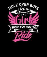 Actie over- jongens laat een meisje tonen u hoe naar rijden t-shirt ontwerp voor vrouw fietser vector
