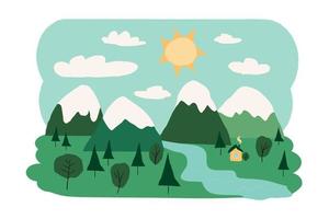 kleur vlak vector illustratie van natuur met bergen in Scandinavisch stijl. landschap met een mooi hoor huis.