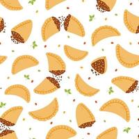 naadloos patroon met empanadas in tekenfilm vlak stijl. hand- getrokken vector achtergrond met traditioneel latino Amerika voedsel, volk keuken