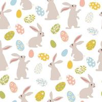 een patroon van grijs Pasen konijntjes en gekleurde geschilderd Pasen eieren. verschillend konijntjes voor kinderen. konijn of haas, een voorjaar feestelijk dier voor Pasen. tekenfilm vector karakter gemaakt van kleding stof. verpakking