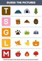 onderwijs spel voor kinderen Raad eens de correct afbeelding voor fonisch woord dat begint met brief t s g l en m afdrukbare natuur werkblad vector