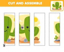 onderwijs spel voor kinderen snijdend praktijk en monteren puzzel met schattig tekenfilm cactus in de woestijn afdrukbare natuur werkblad vector