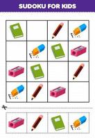 onderwijs spel voor kinderen sudoku voor kinderen met schattig tekenfilm slijper potlood boek gom afdrukbare gereedschap werkblad vector