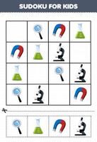 onderwijs spel voor kinderen sudoku voor kinderen met schattig tekenfilm vergrootglas beker magneet microscoop afdrukbare gereedschap werkblad vector