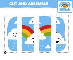 onderwijs spel voor kinderen snijdend praktijk en monteren puzzel met schattig tekenfilm regenboog achter de wolk in de lucht afdrukbare natuur werkblad vector