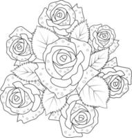 roos bloem potlood kunst, zwart en wit schets vector kleur bladzijde en boek voor volwassenen en kinderen bloemen rozen met bladeren hand- getrokken gegraveerde inkt illustratie artistiek ontwerp.