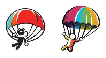 een Mens vliegend met parachute in lucht tekenfilm stijl karakter vlak hand- tekening vector illustratie set.