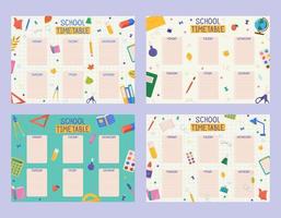 set van schattige kinderachtige schoolroosters, wekelijks lessenrooster voor kinderen met schoolbenodigdheden. afdrukbare planner, dagboek voor student. briefpapier set voor kinderen. te doen lijst. vector