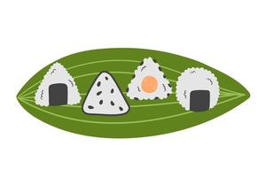 reeks van traditioneel onigiri Aan groen blad. sushi reeks pictogrammen in tekening vlak stijl. vector