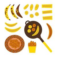 gebakken bananen traditioneel Mexicaans nagerecht. platanos fritos Latijns Amerikaans zoet Aan een volk kunst ontwerp bord. plakjes van weegbree Aan de frituren pan. vector