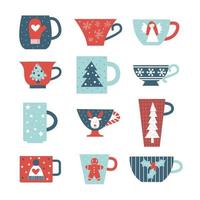 Kerstmis mokken en cups verzameling. Kerstmis en nieuw jaar vector vlak illustratie set. minimalistisch schattig vakantie elementen en symbolen. knus winter en vakantie concept.