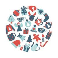 Kerstmis elementen verzameling in een cirkel. Kerstmis en nieuw jaar symbolen vlak vector illustratie set.