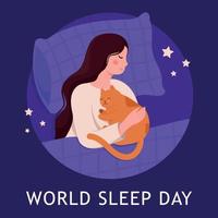 wereld slaap dag. vector illustratie hand- getrokken meisje slapen met rood kat in blauw bed