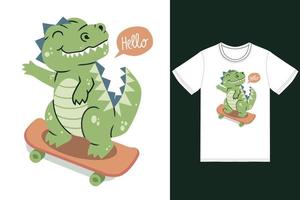 schattig dinosaurus spelen skateboard illustratie met t-shirt ontwerp premie vector