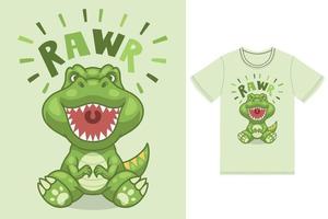 schattig dinosaurus rauwer illustratie met t-shirt ontwerp premie vector