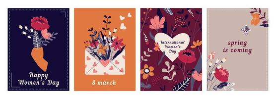 gelukkig vrouwen dag groet kaart set. maart 8 vakantie ansichtkaarten met voorjaar tekenfilm bloemen, geschenken. feestelijk bloeiend Sjablonen voor poster, uitnodiging, folder. vector ontwerp