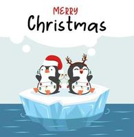 pinguïns die een vrolijk kerstfeest wensen op een ijsschots vector