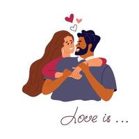 gelukkig liefde paar knuffelen. jong Mens en vrouw omarmen in Valentijnsdag dag. romantisch relatie, liefde verhaal concept. vlak vector illustratie geïsoleerd Aan wit achtergrond