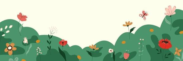 natuur achtergrond met wild bloemen, kruiden, planten, vlinder. schattig bloemen bloeiend horizontaal spandoek. decoratief voorjaar veld- grens. tekenfilm vlak vector illustratie