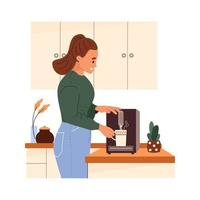 gelukkig vrouw maken koffie met machine in keuken Bij huis. mooi meisje gieten heet drank voor ontbijt. dagelijks ochtend- routine. vlak vector illustratie geïsoleerd Aan wit achtergrond