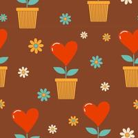 naadloos patronen met wijnoogst groovy bloemen en harten in een bloem pot. retro kleuren. vector
