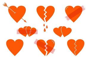 reeks van harten, doorboord door pijl, gebroken, opgenomen. vector illustratie van stroken van transparant Zelfklevend plakband met gescheurd randen. pictogrammen van symbool van liefde.