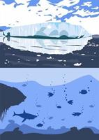 arctisch landschap met smelten ijsberg en gletsjers drijvend in zee of oceaan. concept van globaal waarschuwing en klimaat Wijzigen. Groenland landschap. onderwater- leven sjabloon. oceaan bodem met vissen. vector