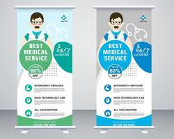 medisch rollen omhoog banier vector sjabloon ontwerp of poll omhoog standee voor gezondheidszorg ziekenhuis. gezondheidszorg en medisch rollen omhoog en standee ontwerp spandoek.