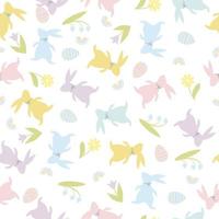 Pasen naadloos patroon in tekenfilm stijl. kleurrijk kinderachtig tekening met konijnen en eieren, bloemen en regenboog. creatief baby structuur voor kleding stof, papier. vector