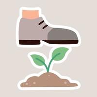 voet in een bagageruimte stepping Aan een groen fabriek in de grond. milieu schade concept. vector geïsoleerd sticker.