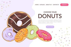 internet concept van gebouw een donut winkel. een reeks van kleurrijk donuts met veelkleurig glazuur. perfect voor een bakkerij of gebakje winkel website. vector illustratie.