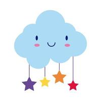wolk met hangende sterren, kawaii komische karakter vlakke stijl vector